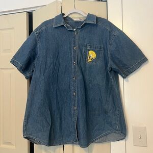 Vintage looney tunes denim tweety bird button up XL